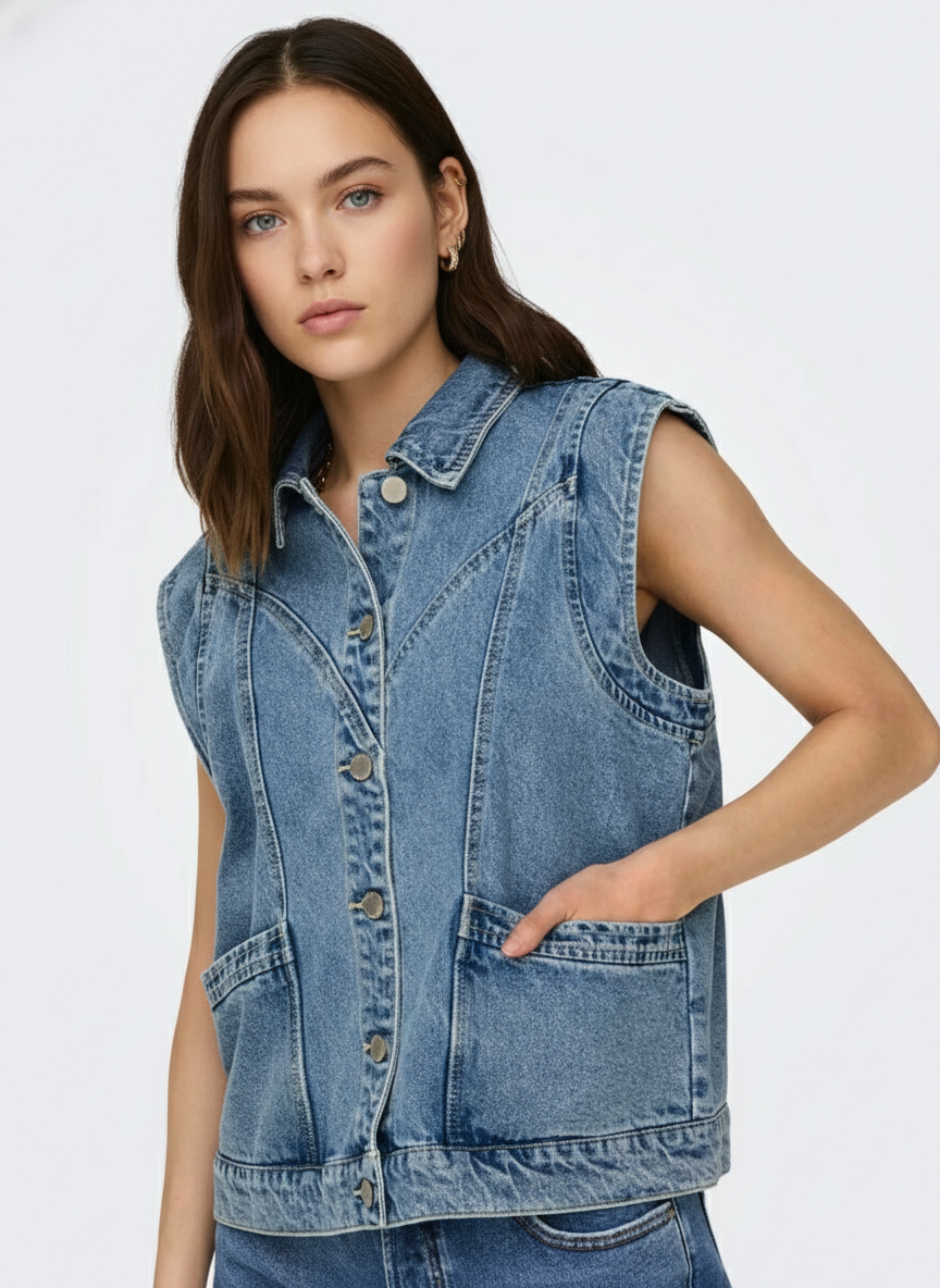 CHALECO DENIM CON BOTONES KENNEDY - Medium Blue Denim