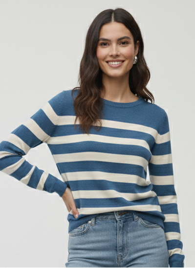 SWEATER BÁSICO NOVA - Coronet Blue Stripes:BIRCH BIG STRIPE