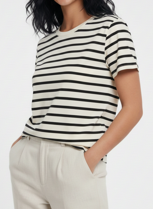CAMISETA RAYAS LIVINA - Cloud Dancer Stripes:THIN BLACK STRIPE