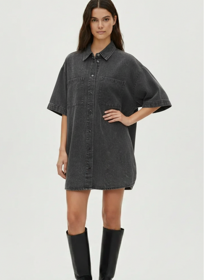 VESTIDO CAMISERO DENIM ACID WASH OREGON-Black Detail:WASHED