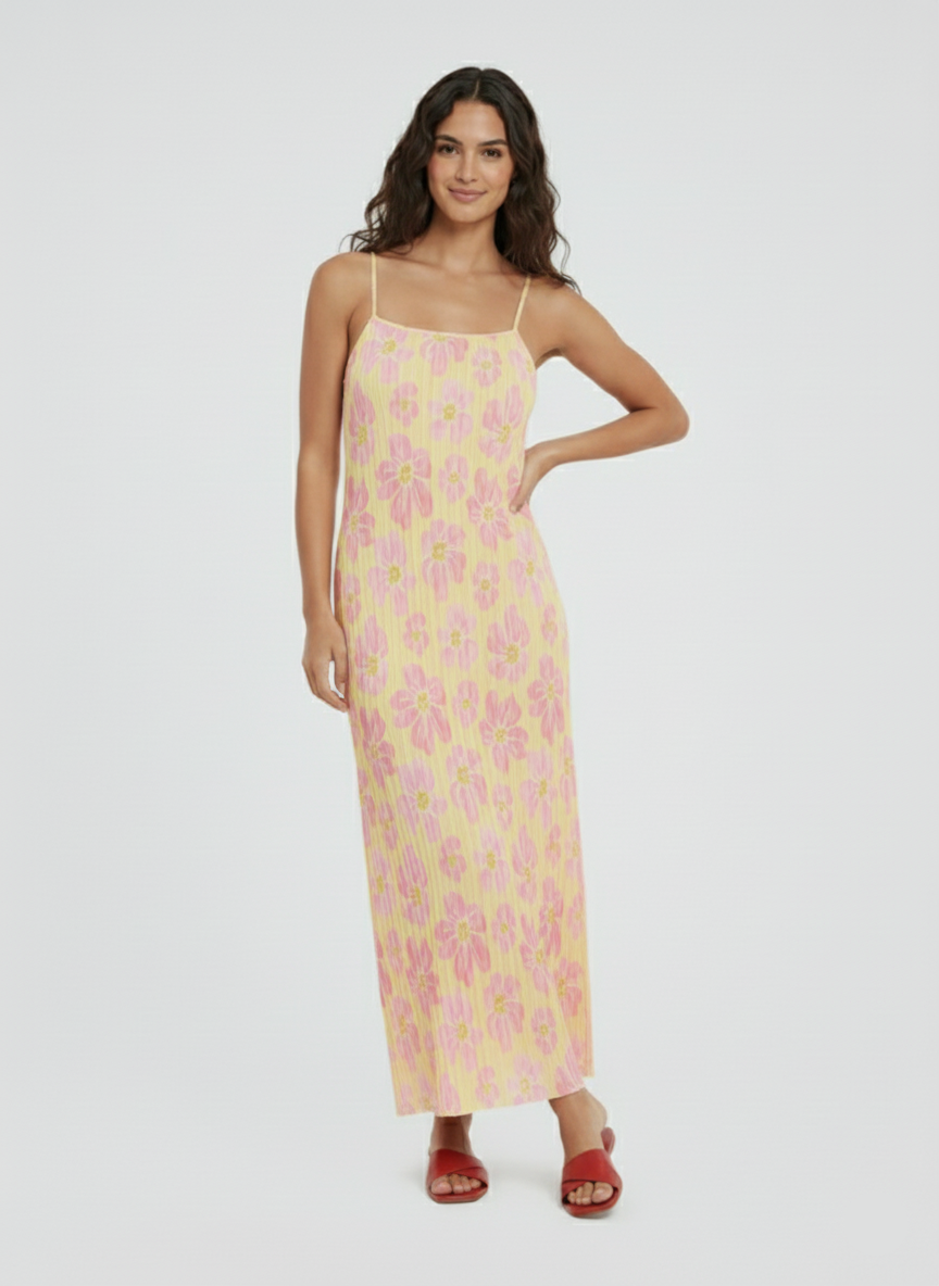 VESTIDO MAXI ESTAMPADO AMBER-Mellow Yellow AOP:PINK FLOWERS