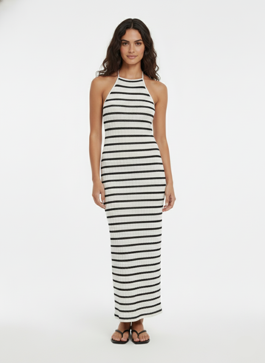 VESTIDO MAXI HALTER HALIA - Cloud Dancer Stripes:BLACK