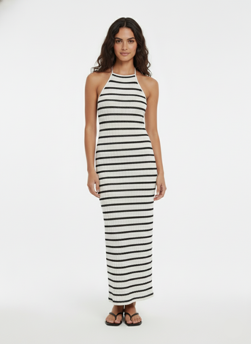 VESTIDO MAXI HALTER HALIA - Cloud Dancer Stripes:BLACK