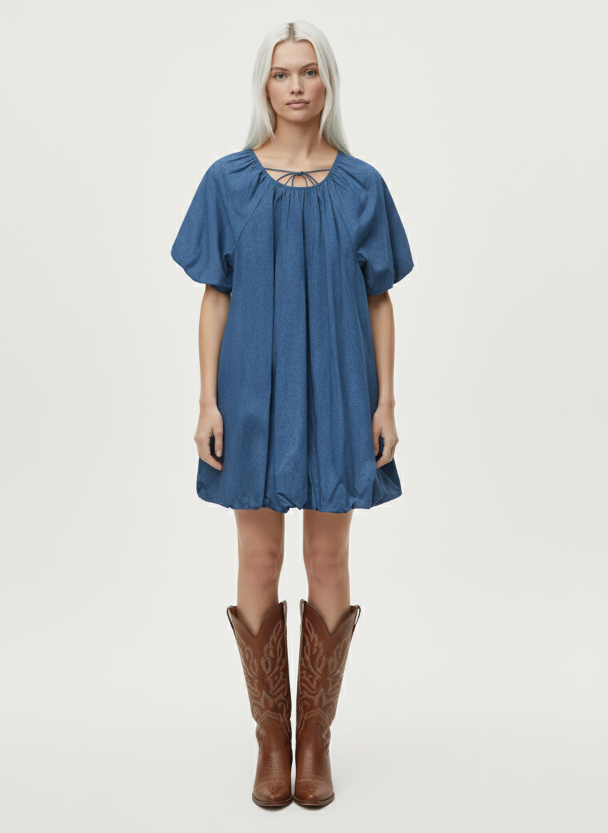 VESTIDO BALLOON DENIM DORA-Medium Blue Denim