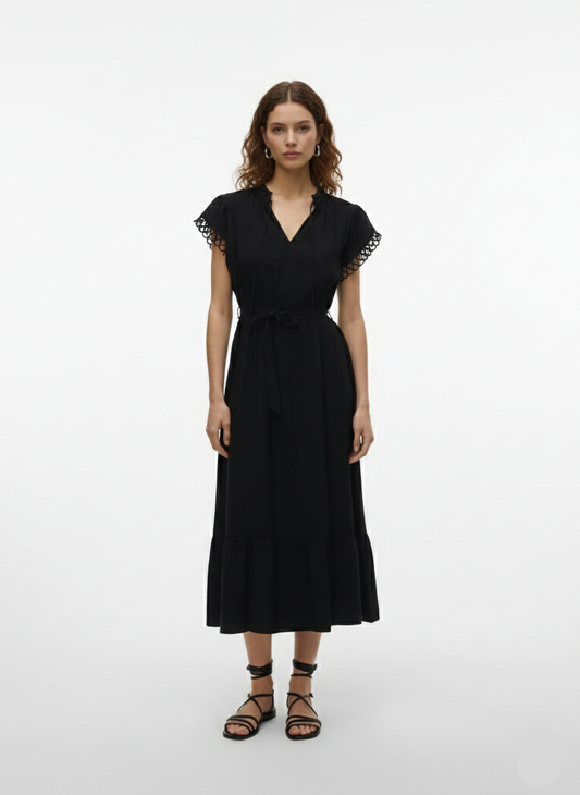 VESTIDO MIDI MANGAS CALADAS FLAVIA-Black