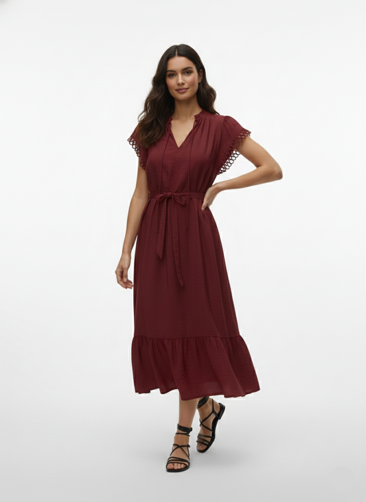 VESTIDO MIDI MANGAS CALADAS FLAVIA-Syrah