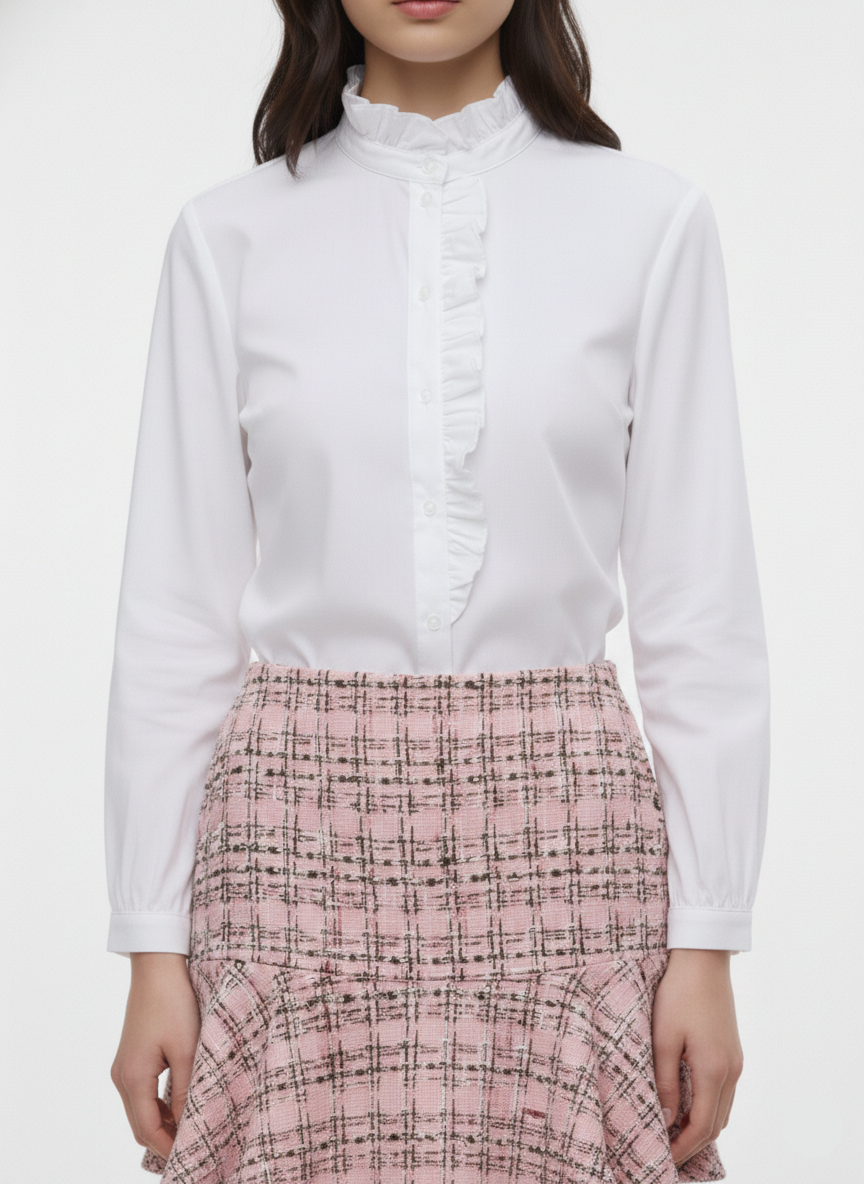 CAMISA DE CUELLO ALTO CON VOLANTES MIO-White