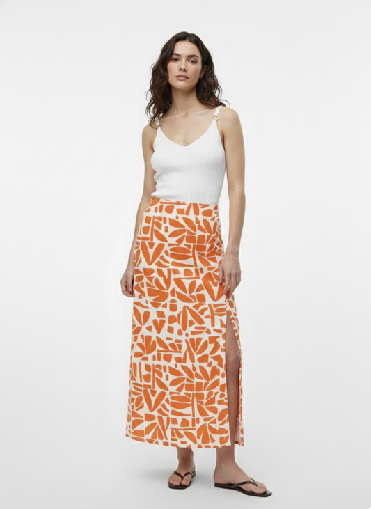 POLLERA MIDI DE LINO CON ABERTURA LIA-Burnt Orange AOP:Bali Tile