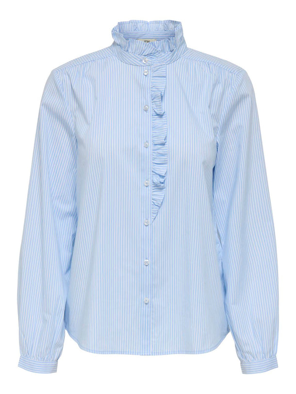 Product CAMISA DE CUELLO ALTO CON VOLANTES MIO-Cashmere Blue Stripes:SMALL WHITE STRIPES - Image 3